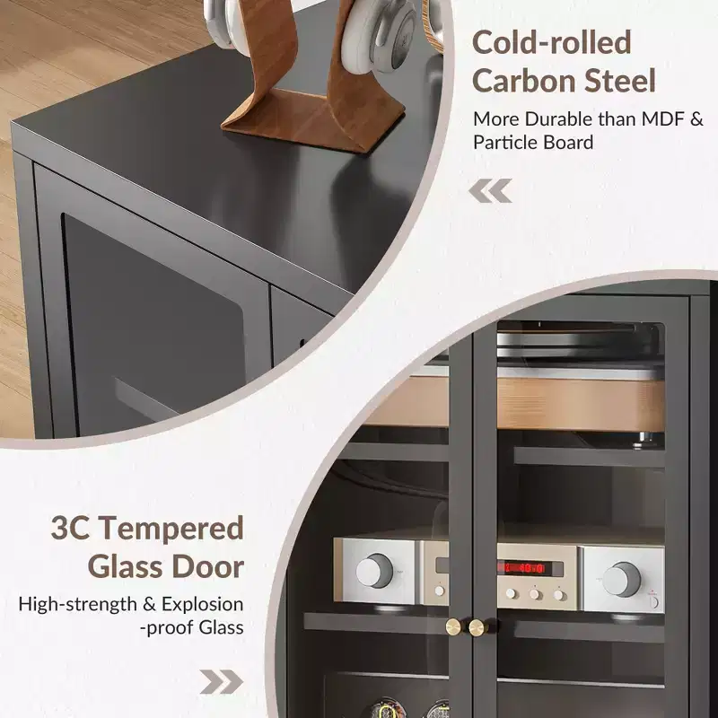 Meuble de rangement pour médias Bekrvio Metal, meuble stéréo à 4 niveaux avec portes en verre et étagères réglables, support audio AV avec gestion des câbles