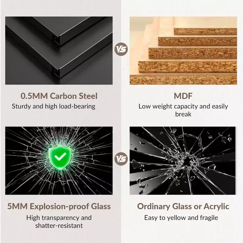 Meuble de rangement pour médias Bekrvio Metal, meuble stéréo à 4 niveaux avec portes en verre et étagères réglables, support audio AV avec gestion des câbles