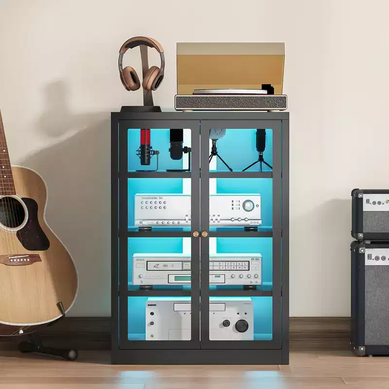 Meuble de rangement pour médias Bekrvio Metal, meuble stéréo à 4 niveaux avec portes en verre et étagères réglables, support audio AV avec gestion des câbles
