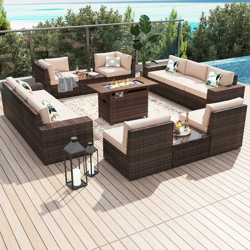 Ensemble de mobilier de jardin 13 pièces avec table brasero de 44 pouces