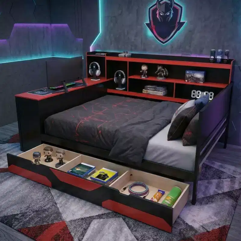 Lit de repos Gamer Hub avec bureau, lumières RGB, station de recharge, tiroirs de rangement et tête de lit bibliothèque