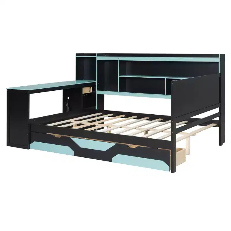 Lit de repos Gamer Hub avec bureau, lumières RGB, station de recharge, tiroirs de rangement et tête de lit bibliothèque