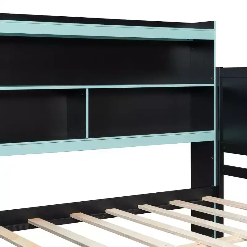 Lit de repos Gamer Hub avec bureau, lumières RGB, station de recharge, tiroirs de rangement et tête de lit bibliothèque