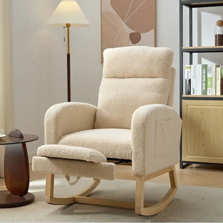 Fauteuil à bascule rembourré moderne de 75 cm de hauteur avec dossier haut, pieds en bois massif et repose-pieds réglable