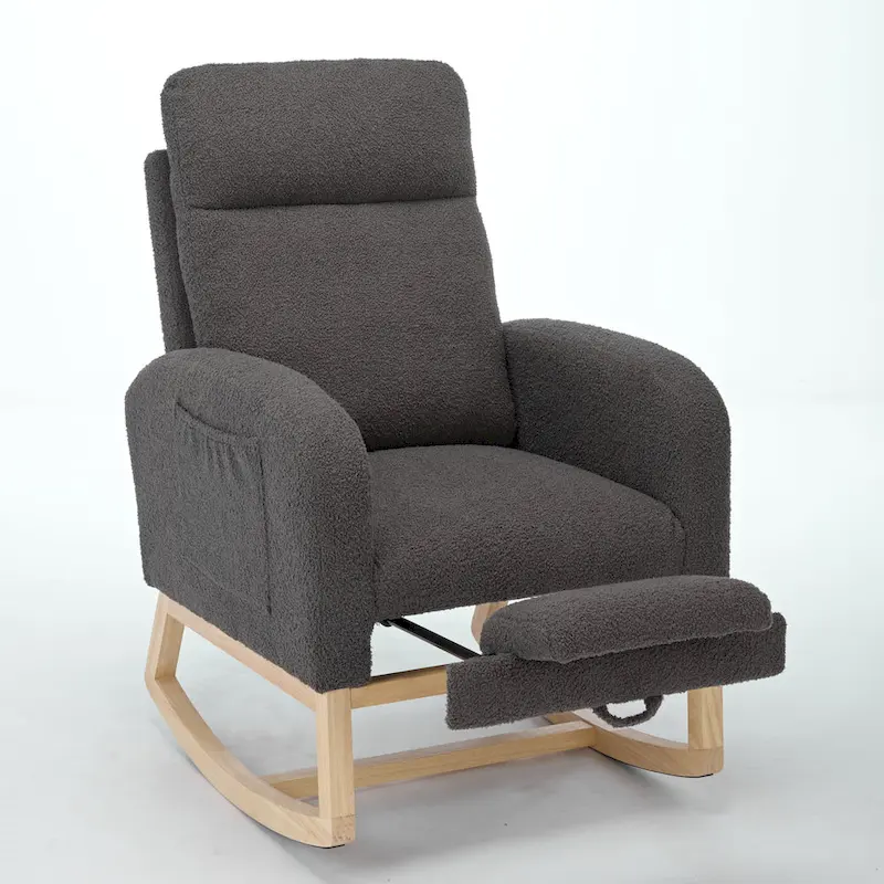 Fauteuil à bascule rembourré moderne de 75 cm de hauteur avec dossier haut, pieds en bois massif et repose-pieds réglable