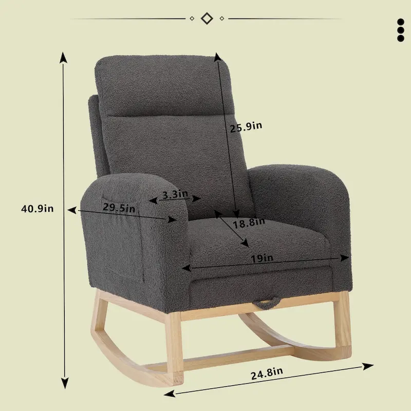 Fauteuil à bascule rembourré moderne de 75 cm de hauteur avec dossier haut, pieds en bois massif et repose-pieds réglable