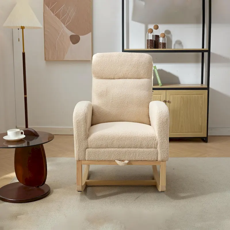 Fauteuil à bascule rembourré moderne de 75 cm de hauteur avec dossier haut, pieds en bois massif et repose-pieds réglable