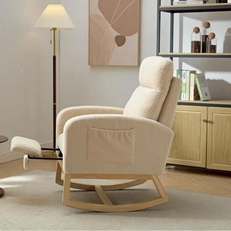 Fauteuil à bascule rembourré moderne de 75 cm de hauteur avec dossier haut, pieds en bois massif et repose-pieds réglable