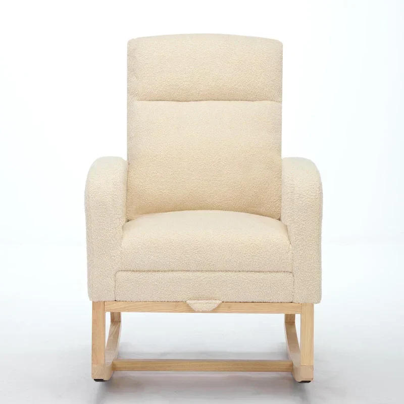 Fauteuil à bascule rembourré moderne de 75 cm de hauteur avec dossier haut, pieds en bois massif et repose-pieds réglable