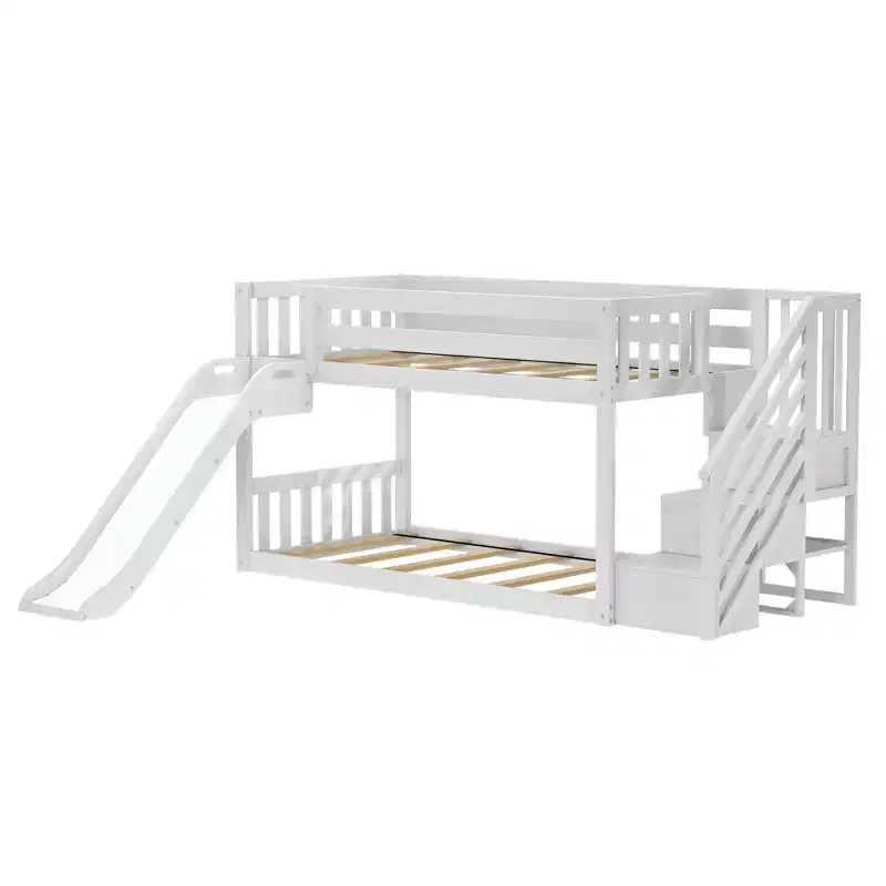 Lit superposé bas avec escalier, toboggan facile et rideau pompier