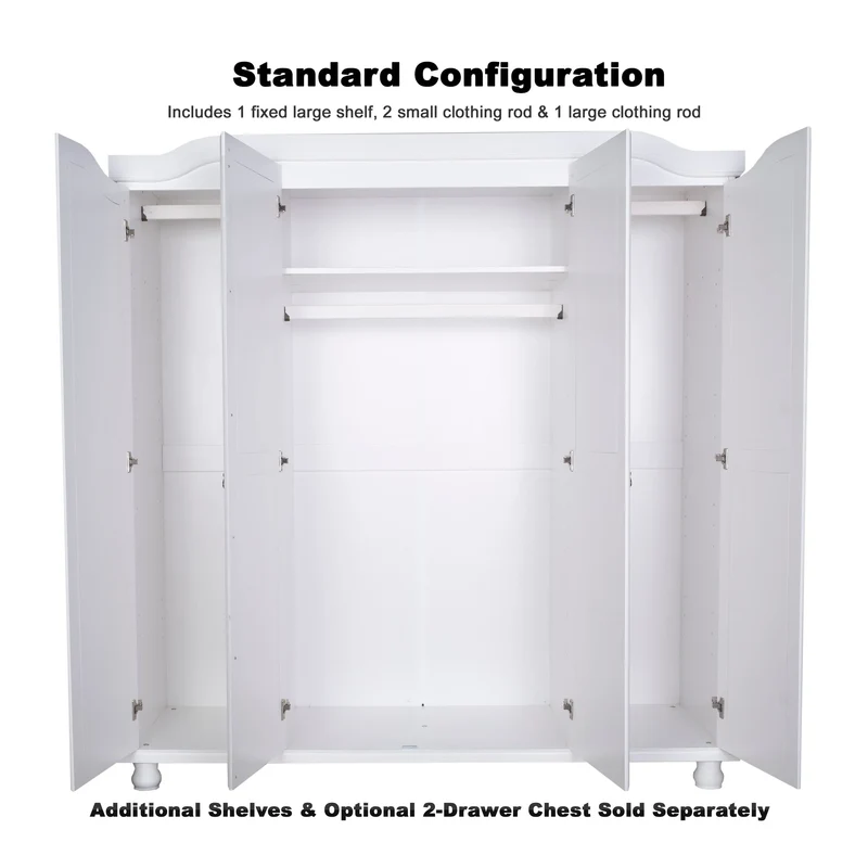 Palace Imports Kyle Armoire 4 portes 100 % en bois massif avec portes en bois massif ou portes miroir