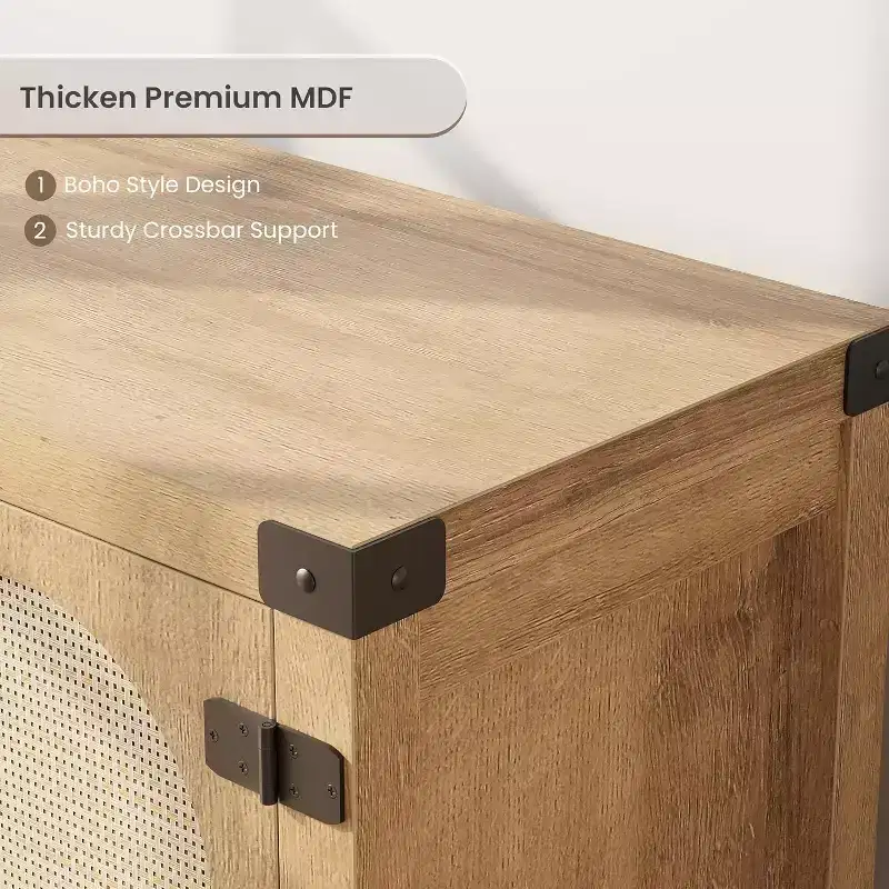 Meuble TV bohème de 65 pouces avec porte en rotin - Meuble de divertissement en bois avec deux armoires et étagères réglables, adapté aux salons