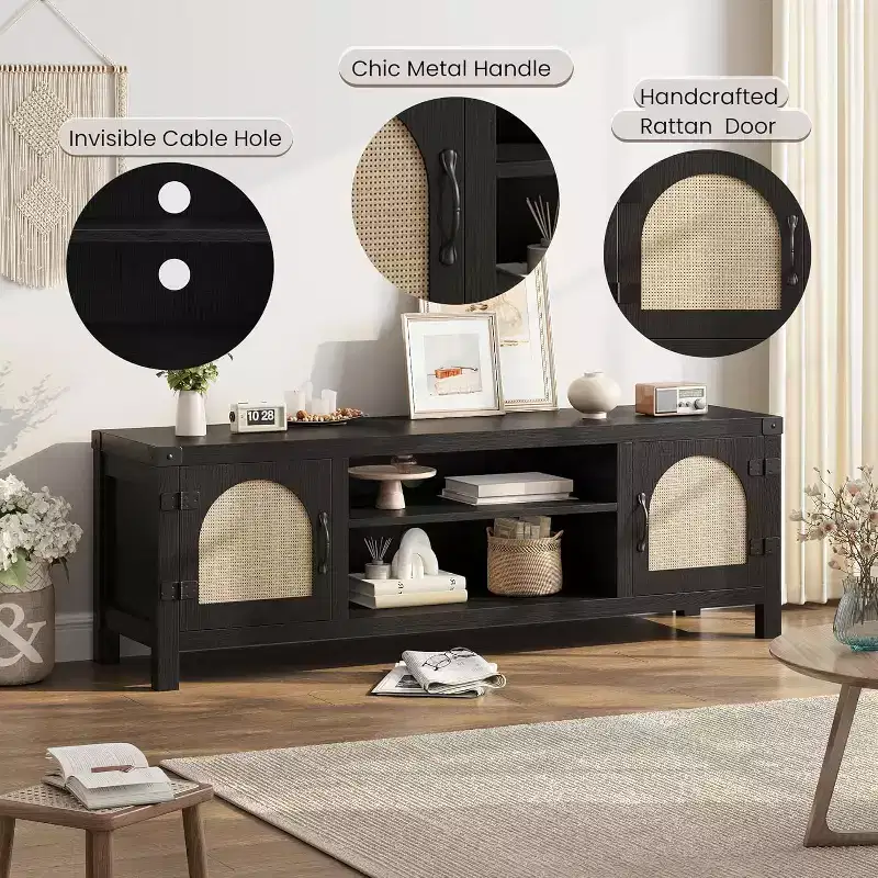 Meuble TV bohème de 65 pouces avec porte en rotin - Meuble de divertissement en bois avec deux armoires et étagères réglables, adapté aux salons