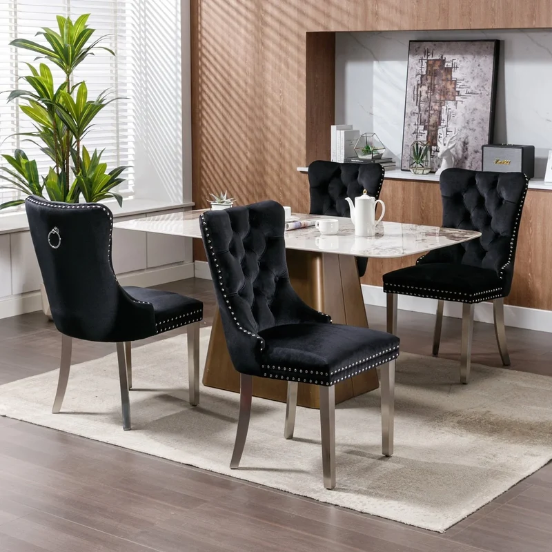 Chaise de salle à manger capitonnée en velours avec pieds en bois massif, lot de 6