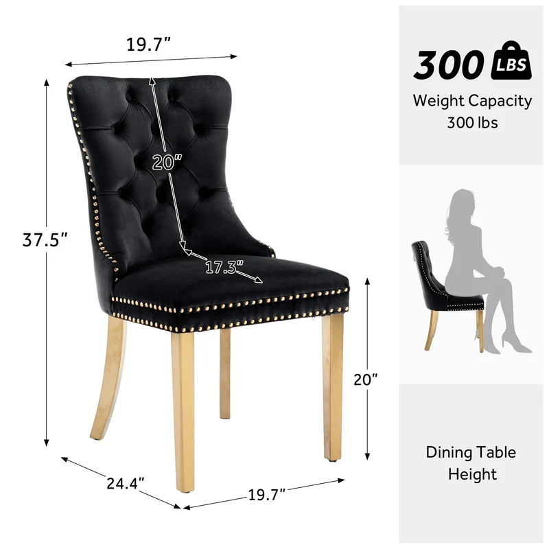 Chaise de salle à manger capitonnée en velours avec pieds en bois massif, lot de 6