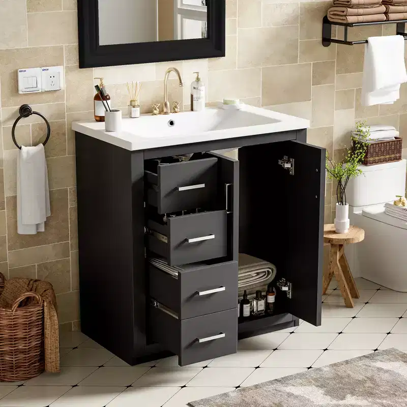 Meuble-lavabo de salle de bain à évier simple de 76 cm avec armoire et 3 tiroirs – Noir / Bleu / Vert / Indigo / Blanc