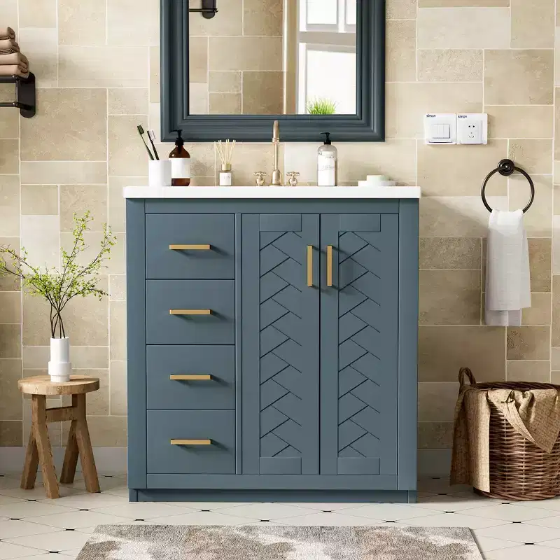 Meuble-lavabo de salle de bain à évier simple de 76 cm avec armoire et 3 tiroirs – Noir / Bleu / Vert / Indigo / Blanc