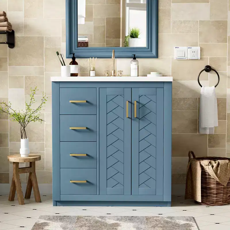 Meuble-lavabo de salle de bain à évier simple de 76 cm avec armoire et 3 tiroirs – Noir / Bleu / Vert / Indigo / Blanc