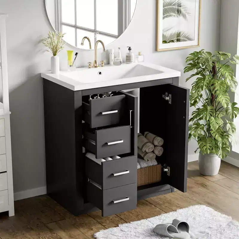 Meuble-lavabo de salle de bain à évier simple de 76 cm avec armoire et 3 tiroirs – Noir / Bleu / Vert / Indigo / Blanc
