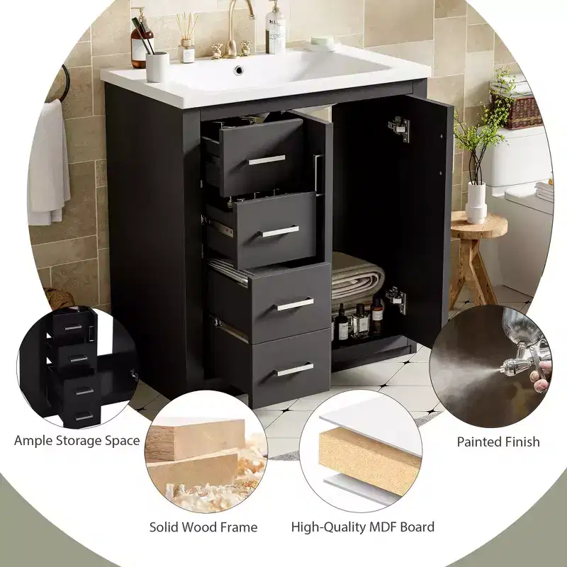 Meuble-lavabo de salle de bain à évier simple de 76 cm avec armoire et 3 tiroirs – Noir / Bleu / Vert / Indigo / Blanc