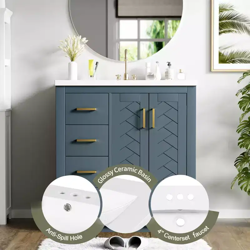 Meuble-lavabo de salle de bain à évier simple de 76 cm avec armoire et 3 tiroirs – Noir / Bleu / Vert / Indigo / Blanc