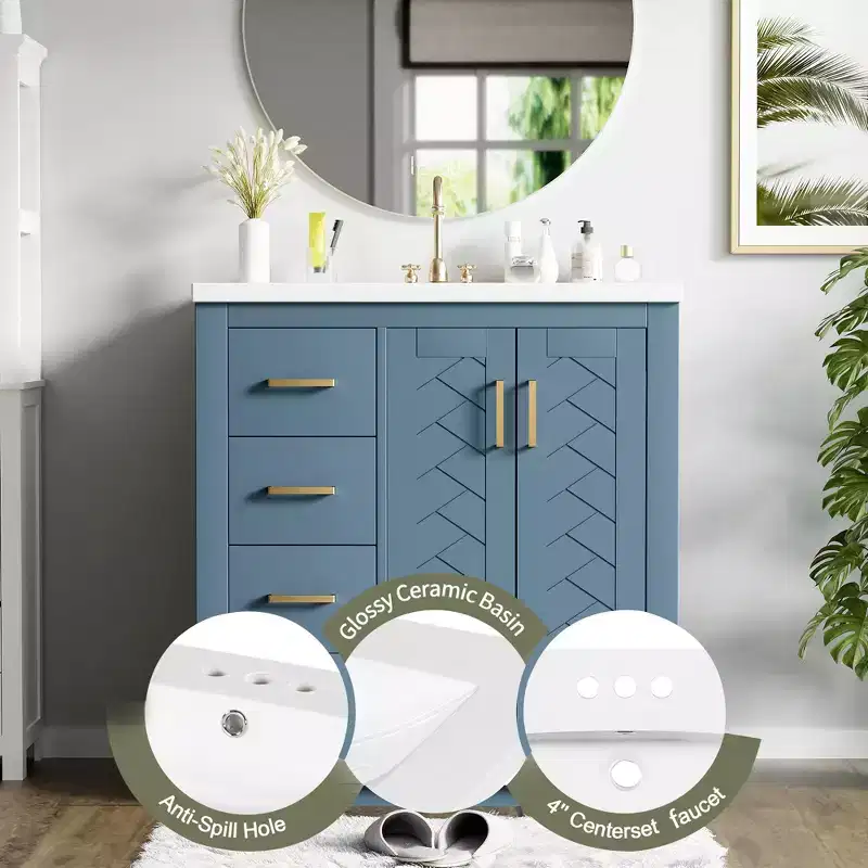 Meuble-lavabo de salle de bain à évier simple de 76 cm avec armoire et 3 tiroirs – Noir / Bleu / Vert / Indigo / Blanc