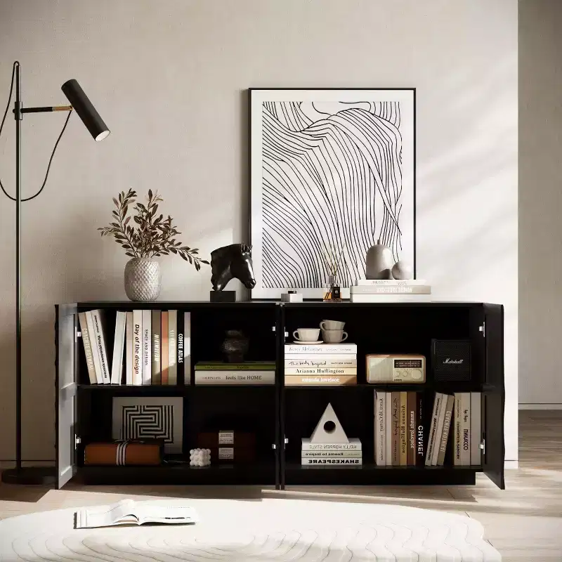 Buffet bas moderne en spirale, meuble d'entrée artistique discret avec portes texturées 3D ondulées