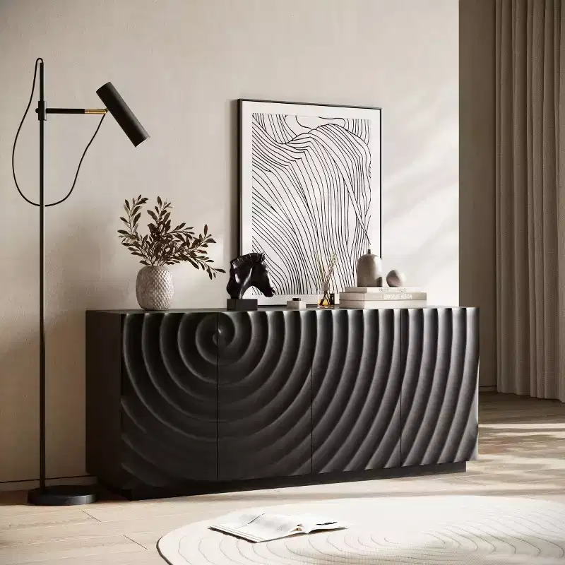Buffet bas moderne en spirale, meuble d'entrée artistique discret avec portes texturées 3D ondulées