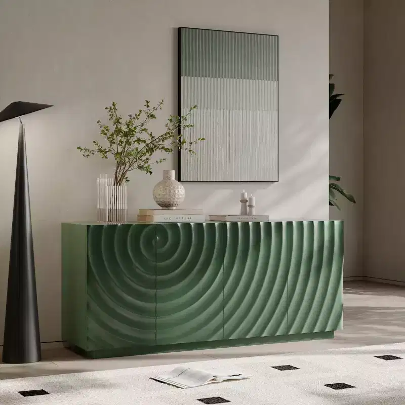 Buffet bas moderne en spirale, meuble d'entrée artistique discret avec portes texturées 3D ondulées