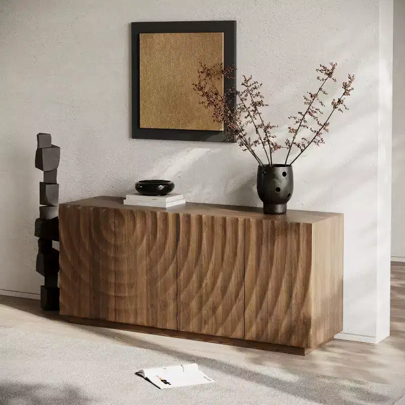 Buffet bas moderne en spirale, meuble d'entrée artistique discret avec portes texturées 3D ondulées