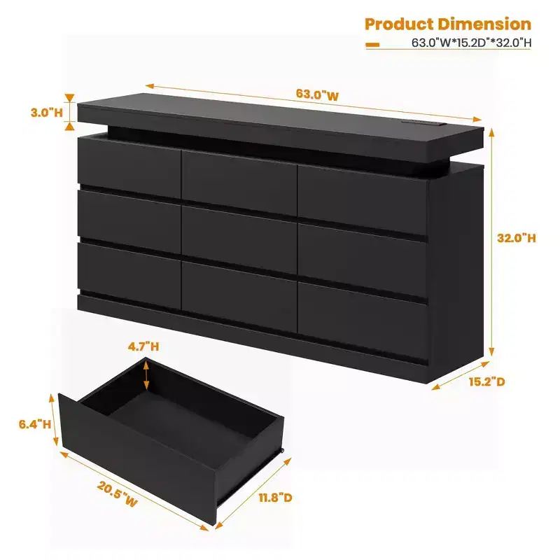 Commode 9 tiroirs pour chambre à coucher, Meuble de rangement avec station de recharge et lumières LED, Double armoire de rangement en bois, Meuble TV commode moderne