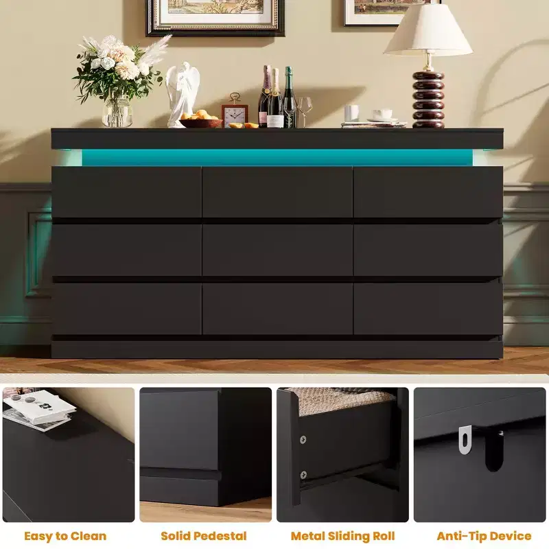Commode 9 tiroirs pour chambre à coucher, Meuble de rangement avec station de recharge et lumières LED, Double armoire de rangement en bois, Meuble TV commode moderne