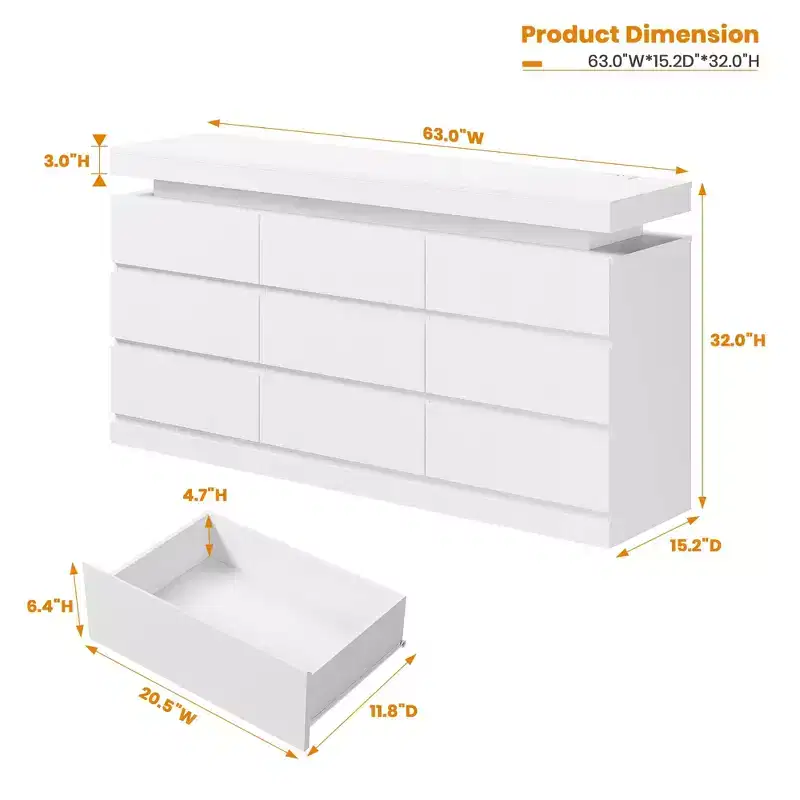 Commode 9 tiroirs pour chambre à coucher, Meuble de rangement avec station de recharge et lumières LED, Double armoire de rangement en bois, Meuble TV commode moderne