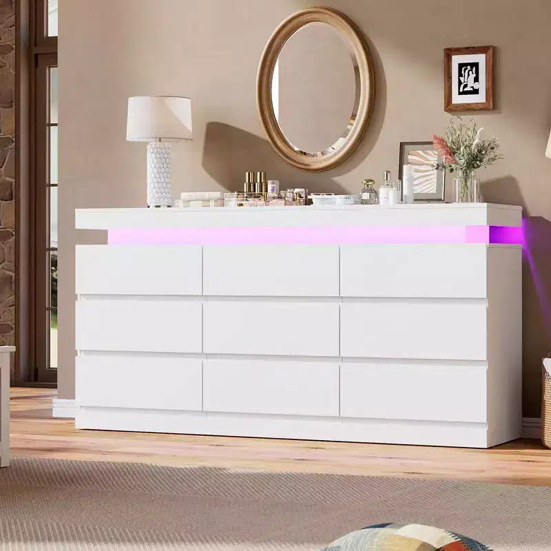 Commode 9 tiroirs pour chambre à coucher, Meuble de rangement avec station de recharge et lumières LED, Double armoire de rangement en bois, Meuble TV commode moderne