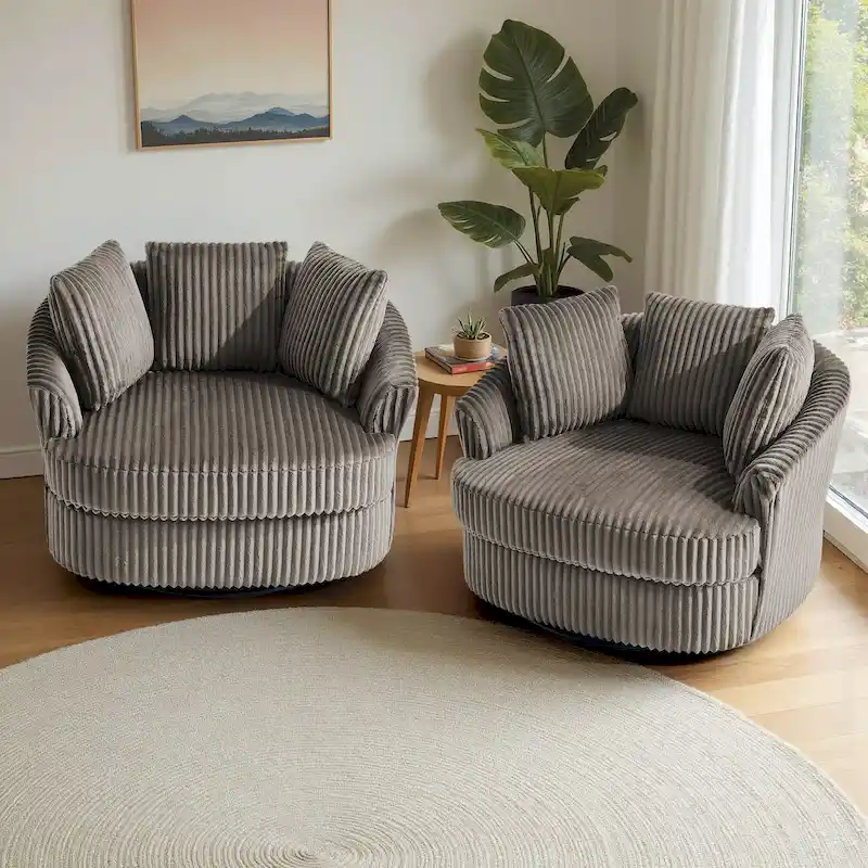 Lot de 2 fauteuils pivotants ronds surdimensionnés en velours côtelé moelleux de 43 po de large avec oreillers