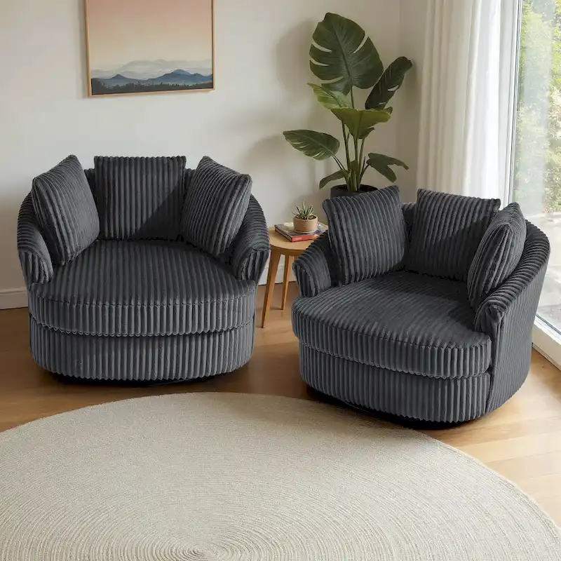 Lot de 2 fauteuils pivotants ronds surdimensionnés en velours côtelé moelleux de 43 po de large avec oreillers