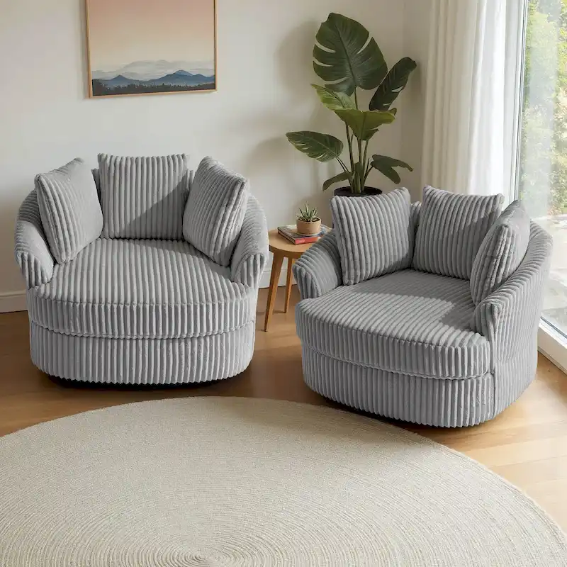 Lot de 2 fauteuils pivotants ronds surdimensionnés en velours côtelé moelleux de 43 po de large avec oreillers