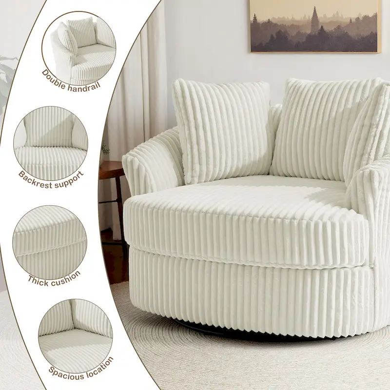 Lot de 2 fauteuils pivotants ronds surdimensionnés en velours côtelé moelleux de 43 po de large avec oreillers