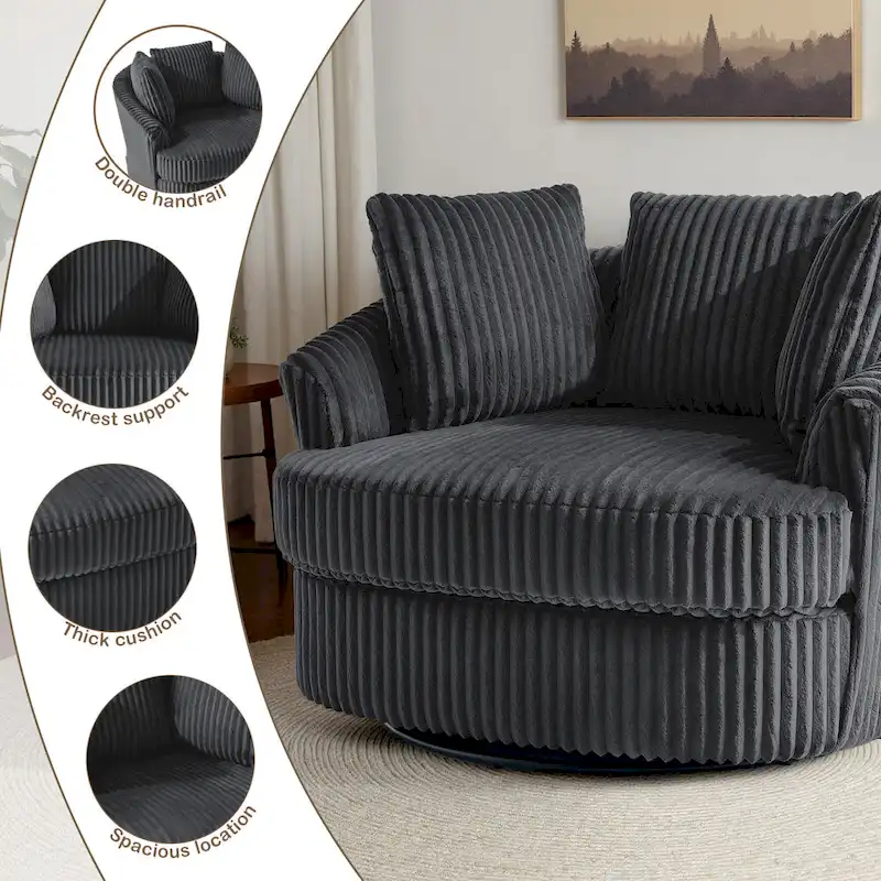 Lot de 2 fauteuils pivotants ronds surdimensionnés en velours côtelé moelleux de 43 po de large avec oreillers
