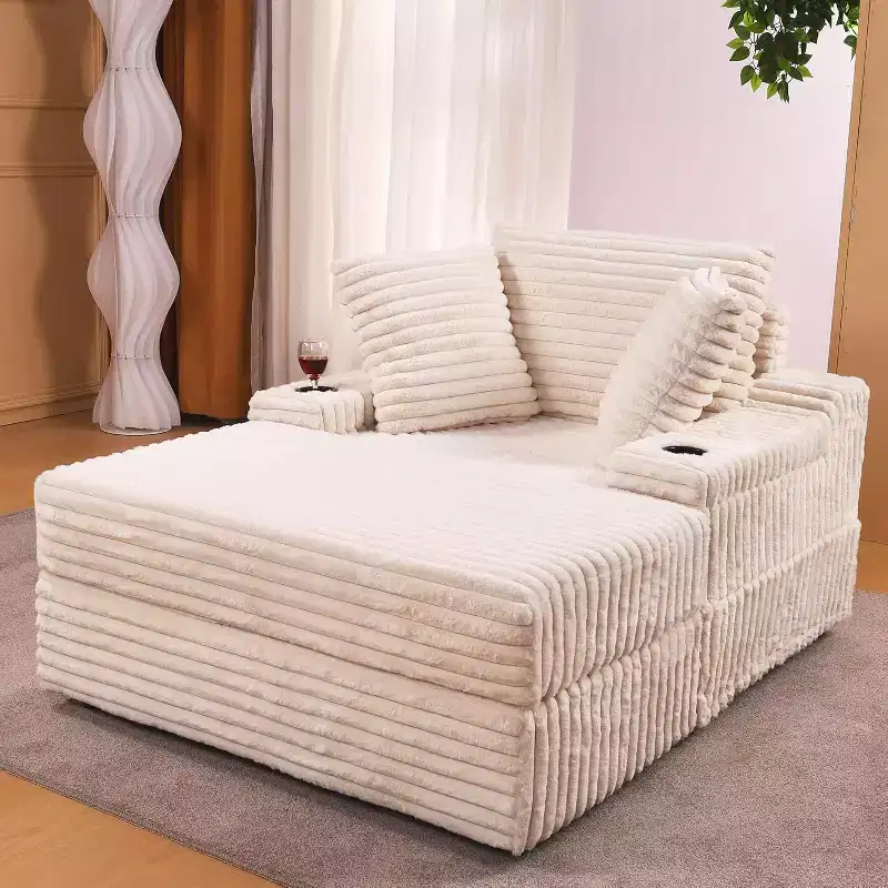 Chaise longue surdimensionnée d'intérieur avec pouf de rangement, canapé-lit en velours côtelé avec 3 oreillers, fauteuil de canapé convertible une place
