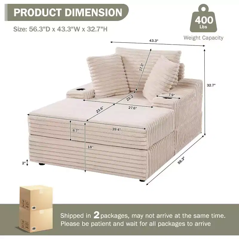 Chaise longue surdimensionnée d'intérieur avec pouf de rangement, canapé-lit en velours côtelé avec 3 oreillers, fauteuil de canapé convertible une place