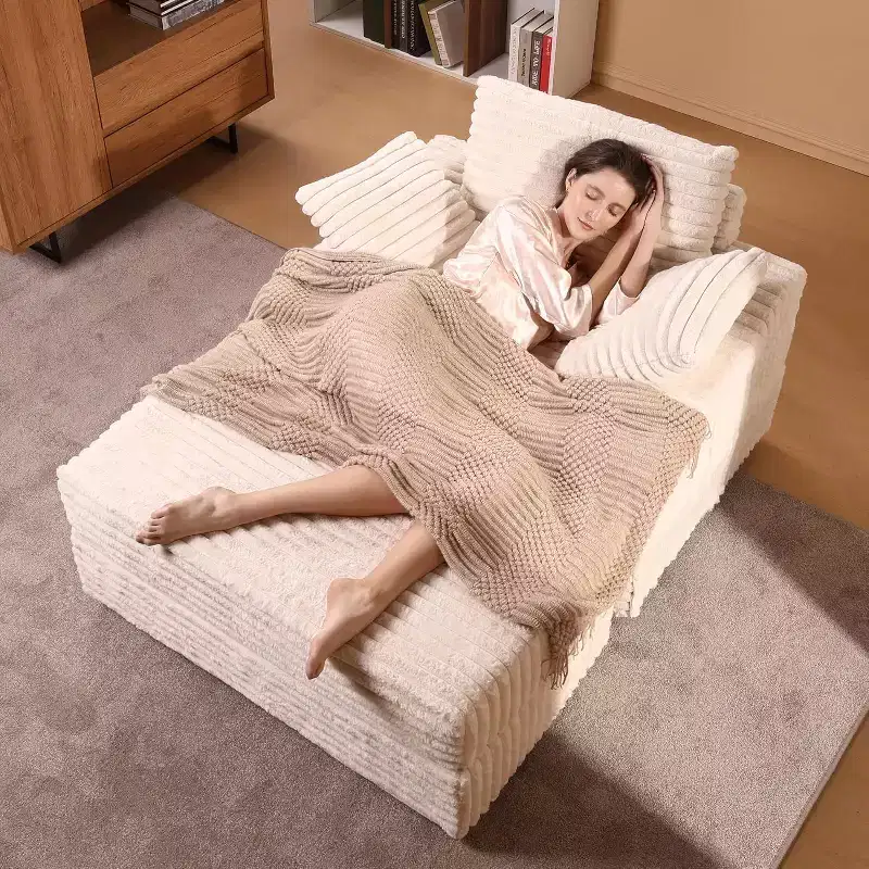 Chaise longue surdimensionnée d'intérieur avec pouf de rangement, canapé-lit en velours côtelé avec 3 oreillers, fauteuil de canapé convertible une place