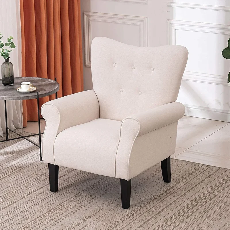 Fauteuil d'appoint moderne Erommy, fauteuil à dossier haut, canapé simple en tissu rembourré avec boutons et pieds en bois pour salon