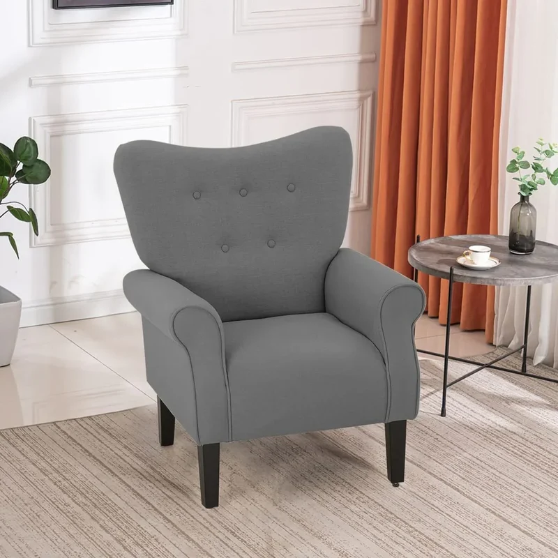 Fauteuil d'appoint moderne Erommy, fauteuil à dossier haut, canapé simple en tissu rembourré avec boutons et pieds en bois pour salon