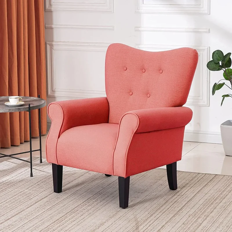 Fauteuil d'appoint moderne Erommy, fauteuil à dossier haut, canapé simple en tissu rembourré avec boutons et pieds en bois pour salon