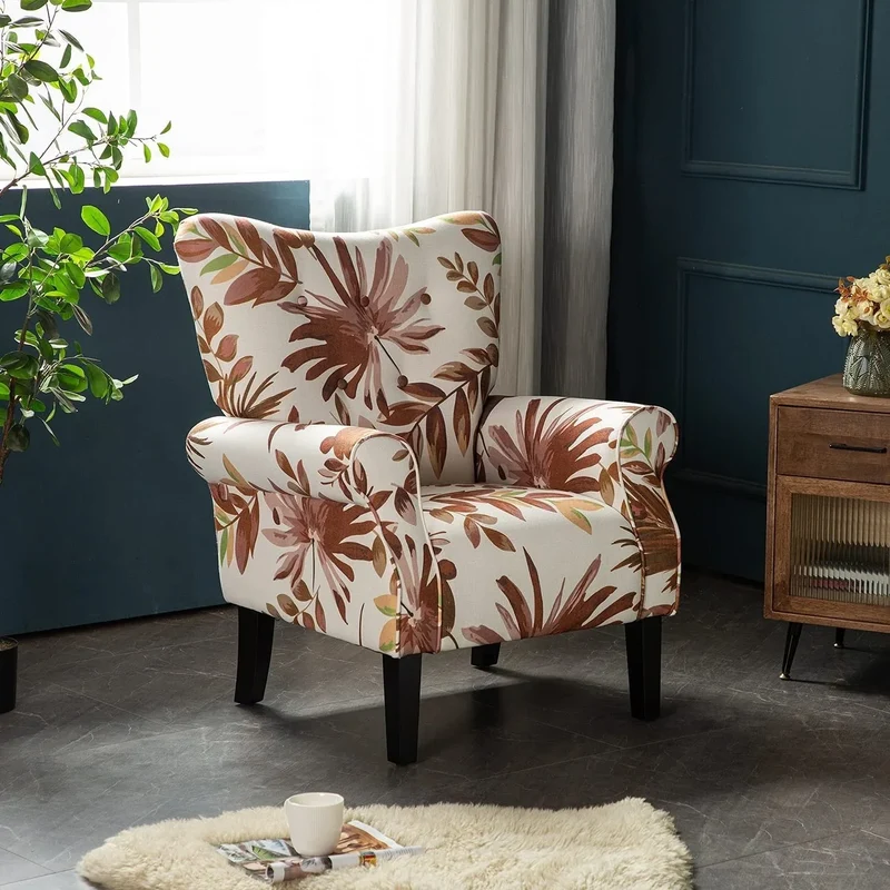 Fauteuil d'appoint moderne Erommy, fauteuil à dossier haut, canapé simple en tissu rembourré avec boutons et pieds en bois pour salon