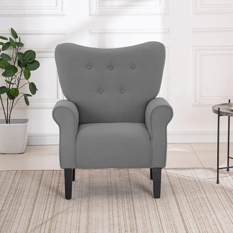 Fauteuil d'appoint moderne Erommy, fauteuil à dossier haut, canapé simple en tissu rembourré avec boutons et pieds en bois pour salon