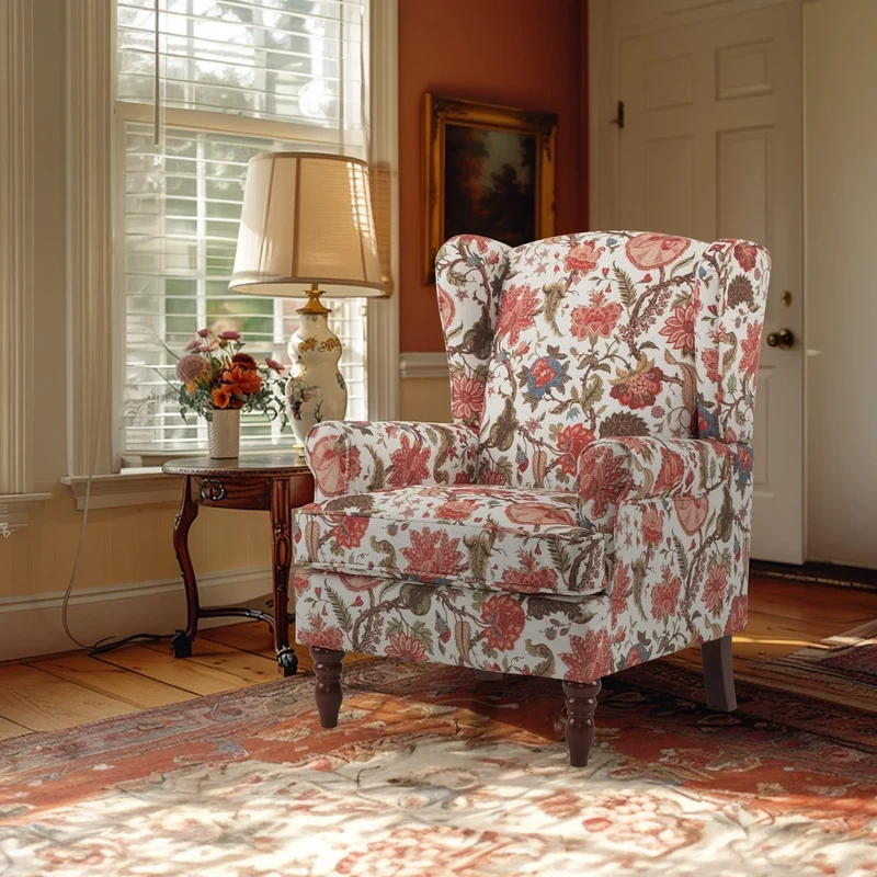 Fauteuil d'appoint moderne Erommy, fauteuil à dossier haut, canapé simple en tissu rembourré avec boutons et pieds en bois pour salon