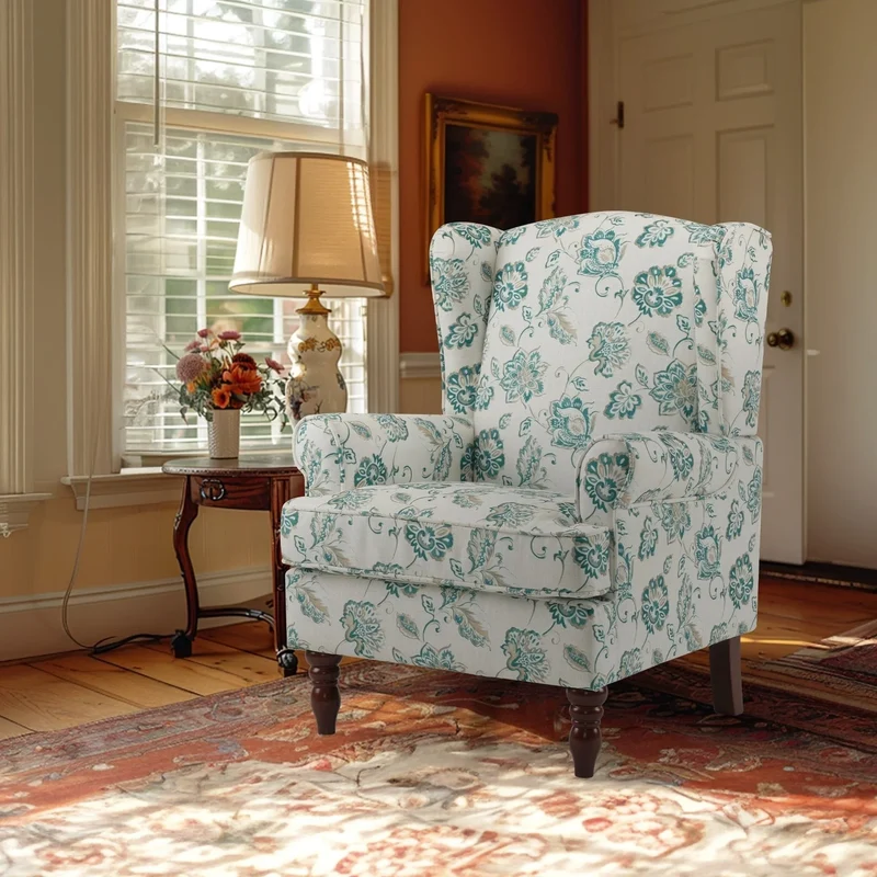 Fauteuil d'appoint moderne Erommy, fauteuil à dossier haut, canapé simple en tissu rembourré avec boutons et pieds en bois pour salon