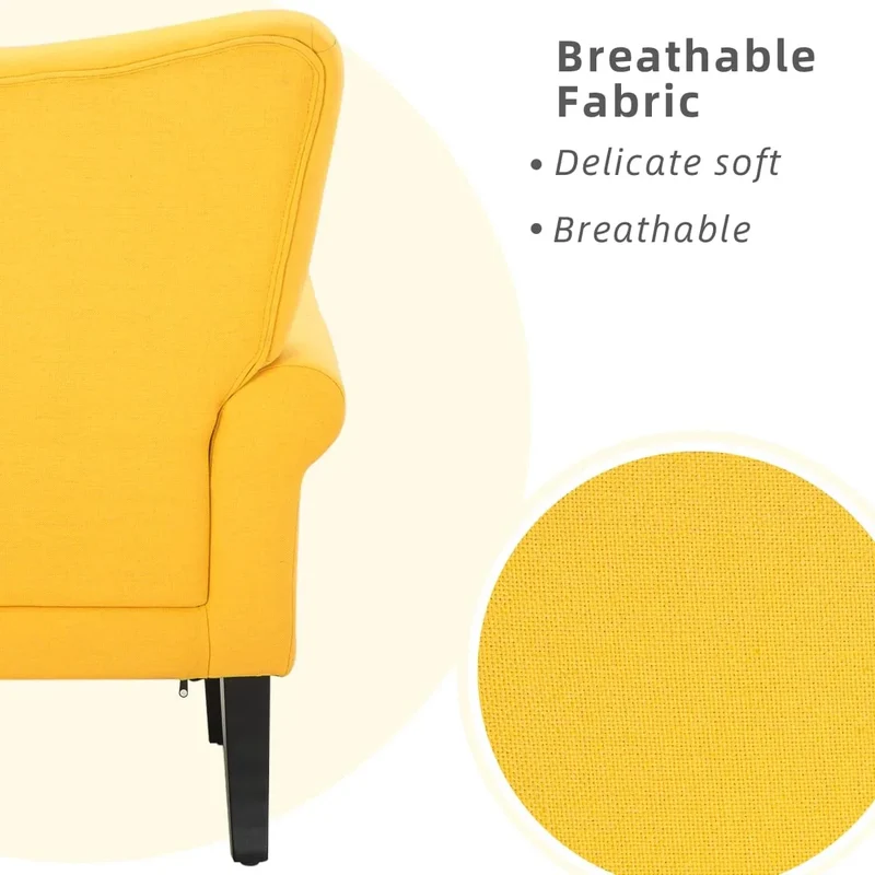 Fauteuil d'appoint moderne Erommy, fauteuil à dossier haut, canapé simple en tissu rembourré avec boutons et pieds en bois pour salon